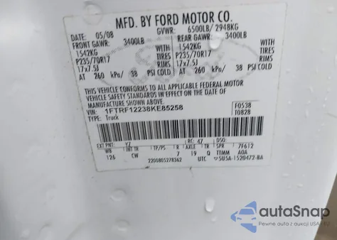 2008 Ford F-150 Stx/Xl/Xlt z USA, uszkodzony, nr VIN 1FTRF12238KE85258